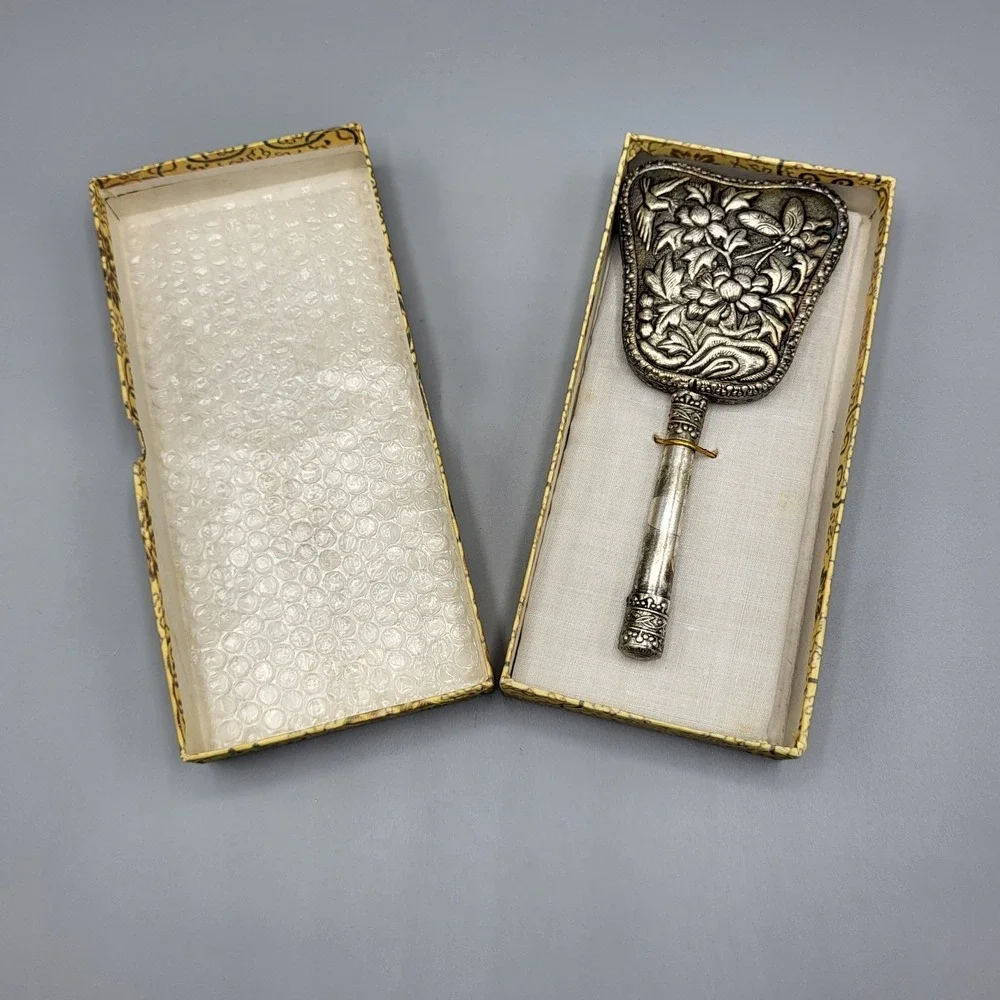 Vintage Hand Mirror Repousse Floral Dragonfly Silver Tone Ornate 6.5